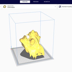 May include: A yellow 3D model of a skull is shown in a 3D printing software program. The software is called Ultimaker Cura and the printer is a Creality Ender-3 Pro. The model is being prepared for printing with a 0.2mm layer height.