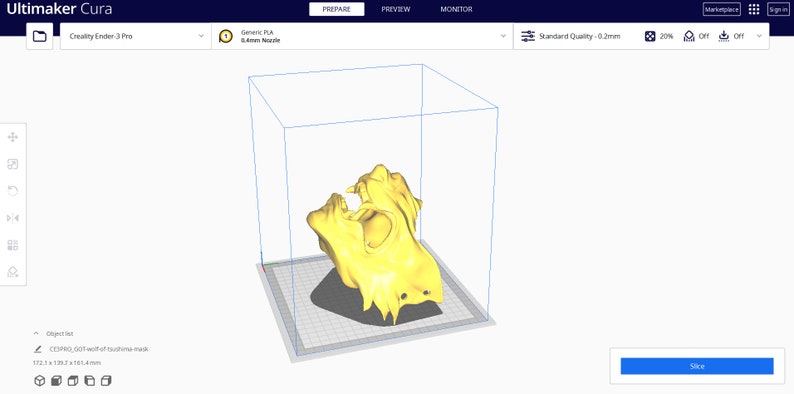 May include: A yellow 3D model of a skull is shown in a 3D printing software program. The software is called Ultimaker Cura and the printer is a Creality Ender-3 Pro. The model is being prepared for printing with a 0.2mm layer height.