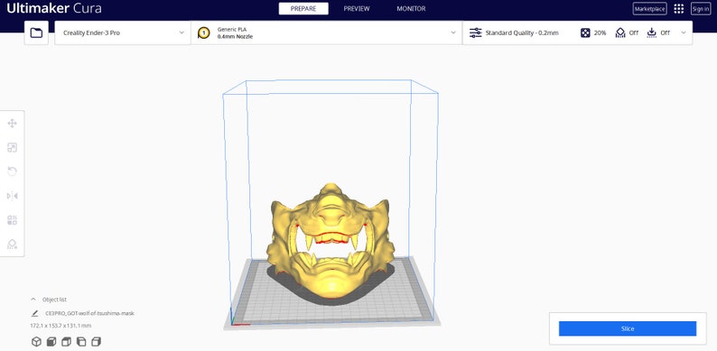 May include: A 3D model of a yellow and red detailed mask with sharp teeth, viewed from the front, in a 3D printing software program. The software interface shows the model is 172.1 x 18 x 13 mm.