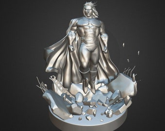 May include: A silver-colored superhero statue with a flowing cape, boots, and a stylized "S" emblem on the chest. The figure is posed mid-air above a base of broken concrete and debris, suggesting a dynamic action scene.