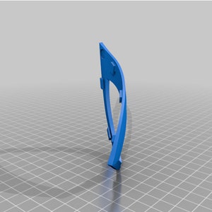May include: A blue plastic 3D printed part with a curved shape. The part has a series of small rectangular holes along the curve.