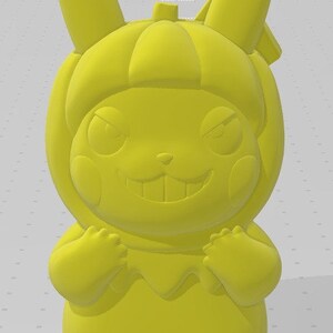 May include: A yellow 3D printed figurine of a cartoon character with a mischievous grin. The character has large ears, a round body, and a small tail.