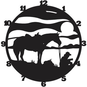 Pferde Wanduhr, Pferde Uhr, Western Uhr, Cowboy Wanduhr, CNC Datei, Laserschneiden Datei, CDR Datei