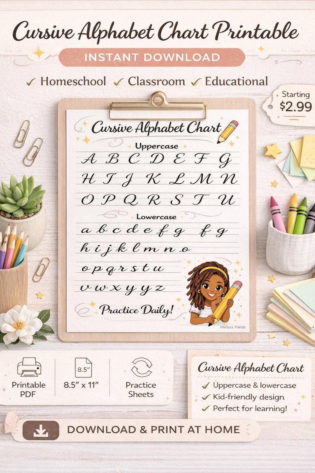 Cursive Alphabet Chart Printable | Uppercase & Lowercase Handwriting ...