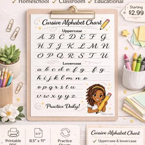 May include: A printable cursive alphabet chart with uppercase and lowercase letters, perfect for homeschooling or classroom use. The chart is 8.5" x 11" and includes practice sheets. The design is kid-friendly and available for instant download.