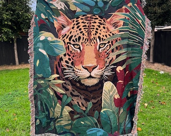 Exotic Leopard Woven Throw Blanket | Boho Style Woven Tapestry | Wild Animal Fringed Blanket | Winter throw Blanket With Tassel | Wall Decor