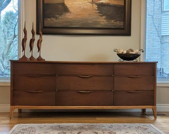 Mid Century Long Walnut Dresser by Kaufman Furniture Co