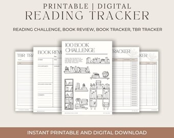 May include: Printable and digital reading tracker with three pages: a to-be-read list, a book review template, and a 100 book challenge tracker. Each page features a black and white illustration of bookshelves with books.