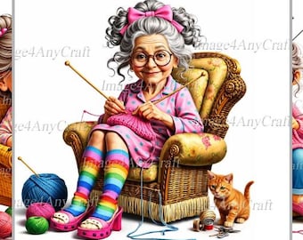 Clipart de abuela tejiendo: Ilustración PNG ingeniosa para tazas y pegatinas (descarga digital)
