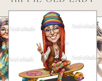 10 imágenes prediseñadas de mujeres hippies bohemias, ilustraciones de acuarela con estilo (descarga digital)