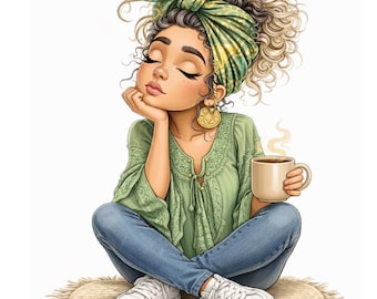 Chica tomando café PNG Clipart – Ilustración de mujer relajada (Descarga digital)
