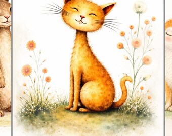 Láminas de vivero con temática de bosque: gato, conejo y zorro, decoración neutra (descarga digital)