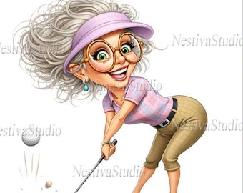 Clipart de abuela golfista atrevida, arte digital de señoras mayores peculiares (descarga PNG)