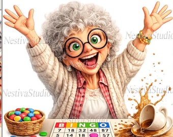 Imágenes prediseñadas de bingo / Imágenes PNG de una mujer mayor alegre (uso comercial)