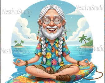 Hombre mayor con estilo PNG, ilustración de acuarela hippie retro (uso comercial)