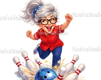Paquete de 15 imágenes PNG divertidas de mujeres jugando a los bolos: dibujos animados de mujeres jugando a los bolos en formato PNG, ilustración de una mujer mayor jugando a los bolos, diseño para sublimación, álbumes de recortes.