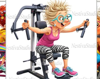 18 imágenes prediseñadas PNG divertidas de mujeres en el gimnasio, paquete de ejercicios para mujeres en el gimnasio, gráficos de humor para el gimnasio, pegatinas para planificador de fitness, arte de fitness para personas mayores, descarga digital