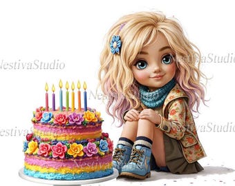 Paquete de 14 imágenes prediseñadas de niñas con un toque caprichoso: PNG de niñas de cumpleaños, lindas ilustraciones de celebración, 300 DPI, descarga instantánea, scrapbooking y decoración de fiestas.