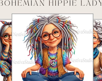 Clipart de abuela bohemia, mujeres mayores con estilo, ilustración en acuarela (descarga digital)