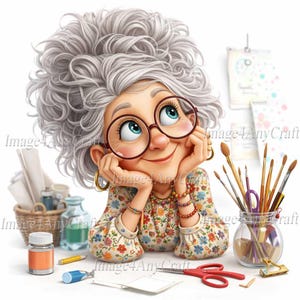 May include: A cartoon illustration of an elderly woman with grey curly hair, wearing glasses and a floral top, looking upwards. She is surrounded by art supplies, including paintbrushes, scissors, and paint jars, suggesting a creative theme. The image has the text "Image4AnyCraft".