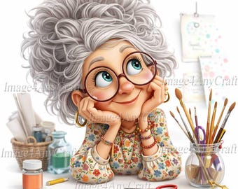 Abuela artista divertida - Clipart de pintora caprichosa (descarga digital)