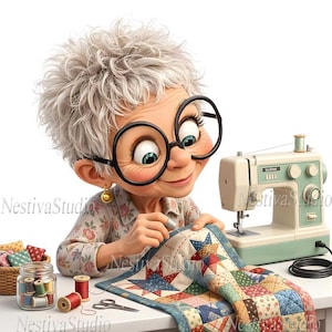 Op de afbeelding: Een cartoon illustratie van een vrouw met grijs haar en een grote bril die een quilt naait. Een naaimachine, klosjes garen en een mandje met stofresten staan op de tafel. De quilt heeft een sterrenpatroon.