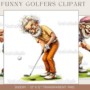 Puede incluir: Ilustración digital de un golfista de dibujos animados con pantalones a cuadros naranjas, camisa amarilla y gafas, balanceando un palo de golf. La imagen incluye el texto "FUNNY GOLFERS CLIPART" y las dimensiones 30,48 cm x 30,48 cm.