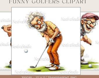 Paquete de 12 imágenes PNG divertidas de abuelos golfistas: hombre mayor cómico jugando al golf en formato PNG; gráfico original de abuelo golfista, regalo para amantes del golf.