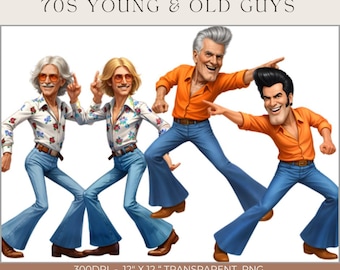 20 imágenes prediseñadas de chicos jóvenes y mayores de discoteca de los 70, hombres disco retro PNG, ilustración de moda de los 70, imágenes prediseñadas de hombres bailando, uso comercial, descarga instantánea