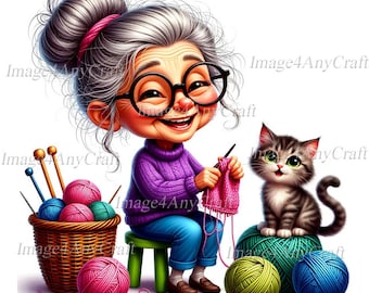 Knitting Grandma Clipart – Crafty PNG Illustration for Mugs & Stickers (Digital Download)