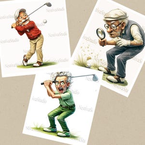 Könnte beinhalten: Drei Cartoon-Illustrationen von älteren Golfspielern in Aktion. Einer schwingt einen Schläger, ein anderer untersucht einen Ball mit einer Lupe, und der dritte ist mitten im Schwung mit einem übertriebenen Ausdruck. Jedes Bild hat einen weißen Hintergrund.