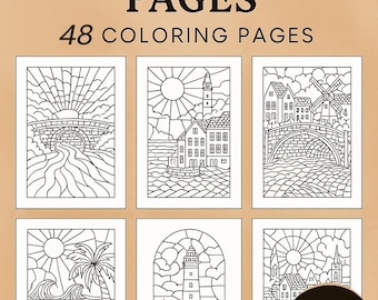 Dibujos para colorear de vidrieras: 48 diseños únicos (Descarga digital en PDF)