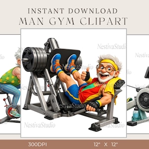 Puede incluir: Ilustración digital de una persona mayor haciendo ejercicio en el gimnasio. La imagen muestra a la persona usando una máquina de prensa de piernas, una bicicleta estática y una máquina de remo. El texto "INSTANT DOWNLOAD MAN GYM CLIPART" está en la parte superior.