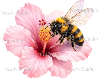Clipart de abejas en acuarela: conjunto de PNG florales, abejas imprimibles en flores (descarga digital)