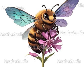 Clipart de abeja en acuarela, conjunto de PNG florales, fondo transparente (descarga digital)