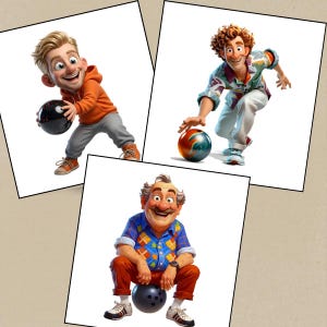 May include: Three cartoon-style figures in bowling poses. One person in an orange hoodie holds a black ball. Another with curly hair wears a patterned shirt and white pants with a marbled ball. A third person in a blue plaid shirt sits on a black ball.