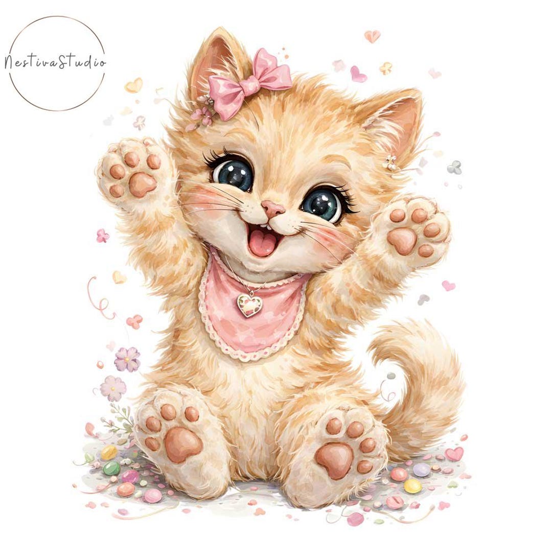 Watercolor Floral Kitten PNG Bundle – Cute Baby Cat Clipart, Cat ...
