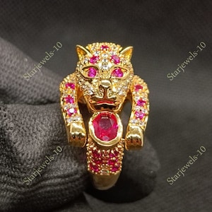 2CT Round Oval Simulated Pink Ruby Diamond Panther Leopard Ring, 14K Yellow Gold Over, Panther Head Ring, Gifts For Her, Animal Panther Ring