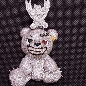 Pendentif mauvais oeil en peluche, argent plaqué or 14 carats, diamant moissanite, pendentif lettre personnalisée ours en peluche, pendentif pour enfants, anniversaire, cadeau de Noël