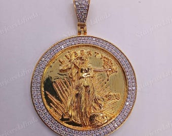 Lady Liberty Coin Pave Pendant 2CT Round Cut Lab Created Diamond Pendant 14K Yellow Gold Plated , Sterling 925 Silver Men&#39;s Custom Pendant