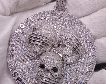 Men&#39;s Custom Pendant Simulated Diamond Classic Skull Pendant 925 Sterling Silver Rapper Pendant, His Gifts, Hip Hop Pendant