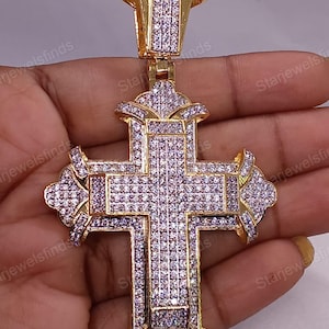 Charm Cluster Cross Pendant Round Cut Lab Created Diamond 14K Yellow Gold Plated Diamond, Charm Pendant, Men&#39;s Custom Pendant