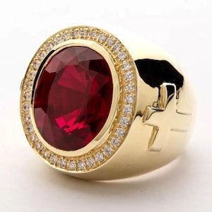 Bague évêque croix ovale 4 carats avec rubis rouge simulé et diamants, plaqué or jaune 14 carats, bague à personnaliser pour homme, cadeaux pour elle, argent sterling 925