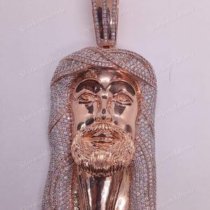 Round Diamond Jesus Face Piece 3D Pendant, 14K Rose Gold Plated, Men&#39;s Hip Hop Charm Pendant, 3D Image Custom Pendant, 925 Sterling Silver