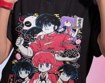 May include: Black t-shirt with a colorful graphic print of anime characters from the show "Ranma 1/2". The characters are surrounded by clouds and other Japanese-inspired imagery. The text "らんま1/2" is printed on the shirt.