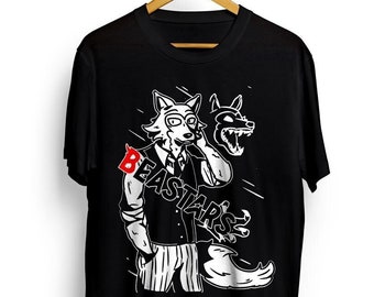 May include: Black t-shirt with a white graphic of a wolf character from the anime "Beastars" wearing a suit and tie. The wolf is holding a phone to his ear and has a surprised expression. The text "BEASTARS" is written in white letters on the shirt.
