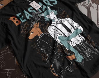May include: Black t-shirt with a graphic print of two cartoon characters from the anime series "Beastars". The characters are a wolf and a deer, both wearing suits and standing in a dynamic pose. The text "BEASTARS" is printed in large, white letters across the top of the shirt.
