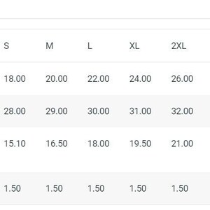 K&ouml;nnte beinhalten: Eine Gr&ouml;&szlig;entabelle f&uuml;r Kleidung mit Ma&szlig;en in Zoll f&uuml;r Breite, L&auml;nge, &Auml;rmell&auml;nge und Gr&ouml;&szlig;enabweichung. Die Tabelle zeigt Gr&ouml;&szlig;en von S bis 5XL.