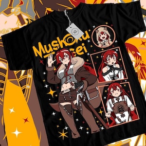 May include: Black t-shirt featuring a white graphic print of a red-haired anime character with the text "Mushoku Tensei" in white and red. The character is shown in various poses and expressions.
