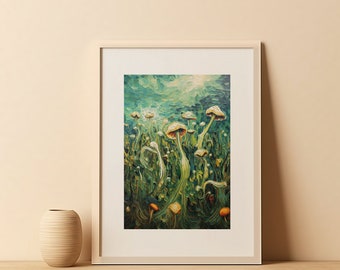 Pilz Wand Kunst - digitaler Download - Pilz Feld ästhetisches Ölgemälde, Pilz Wand Dekor - Trippy Wandkunst - Küche Wandkunst